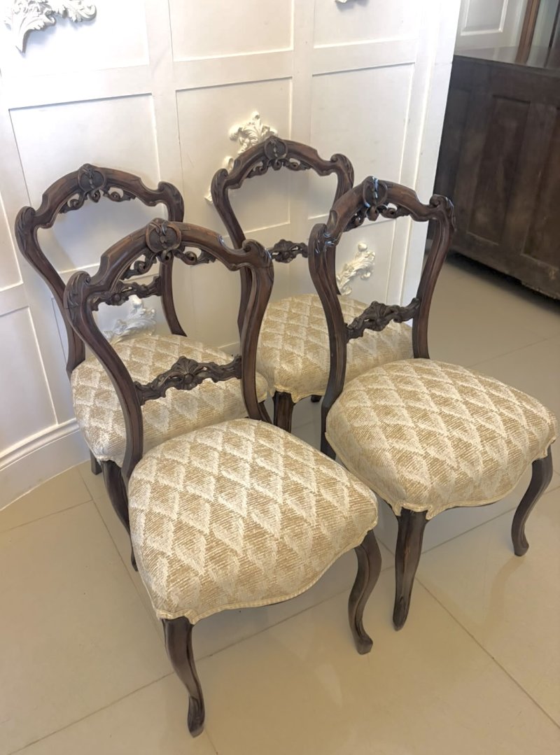 Antique Set of 4 Victorian Carved Walnut Dining Chairs