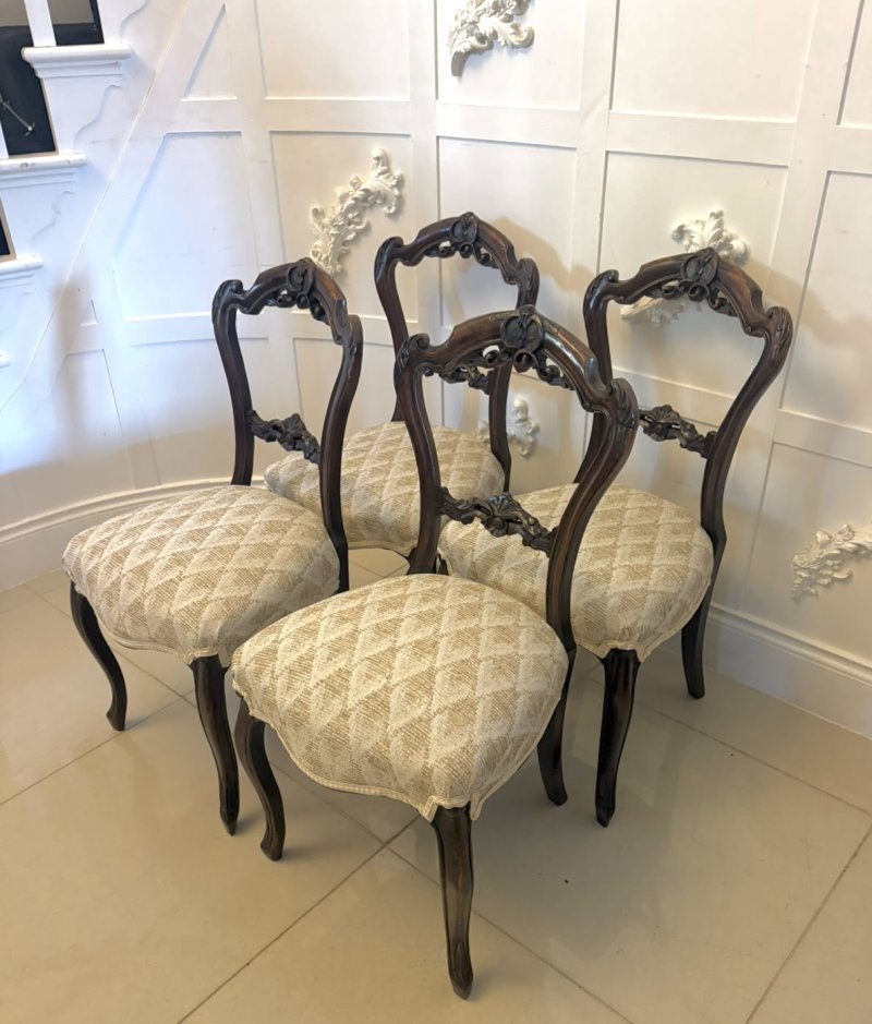Antique Set of 4 Victorian Carved Walnut Dining Chairs - Image 4