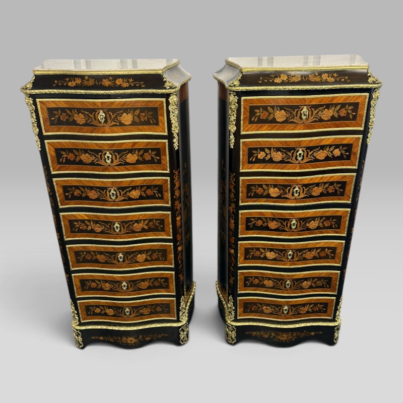 Pair of Napoleon III Serpentine Kingwood, Tulipwood & Marquetry Secretaire Chest