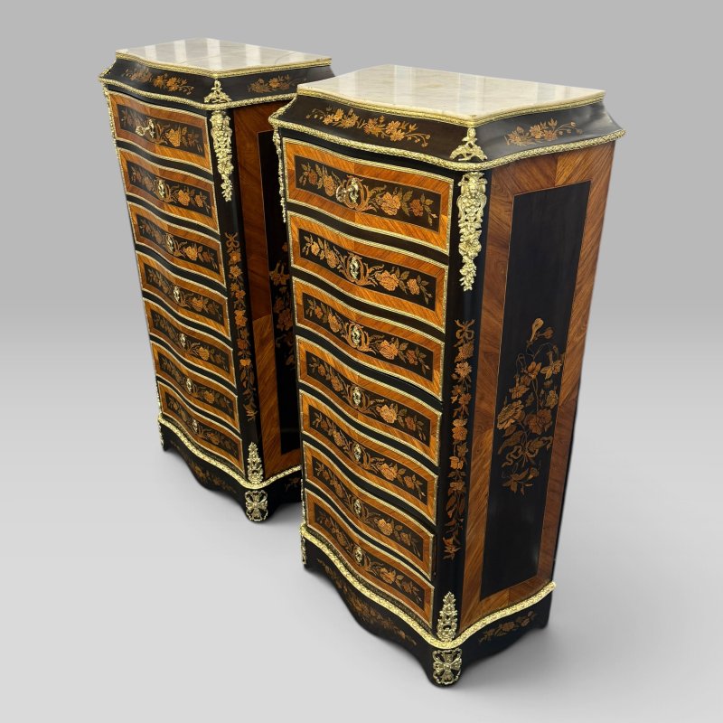 Pair of Napoleon III Serpentine Kingwood, Tulipwood & Marquetry Secretaire Chest - Image 3