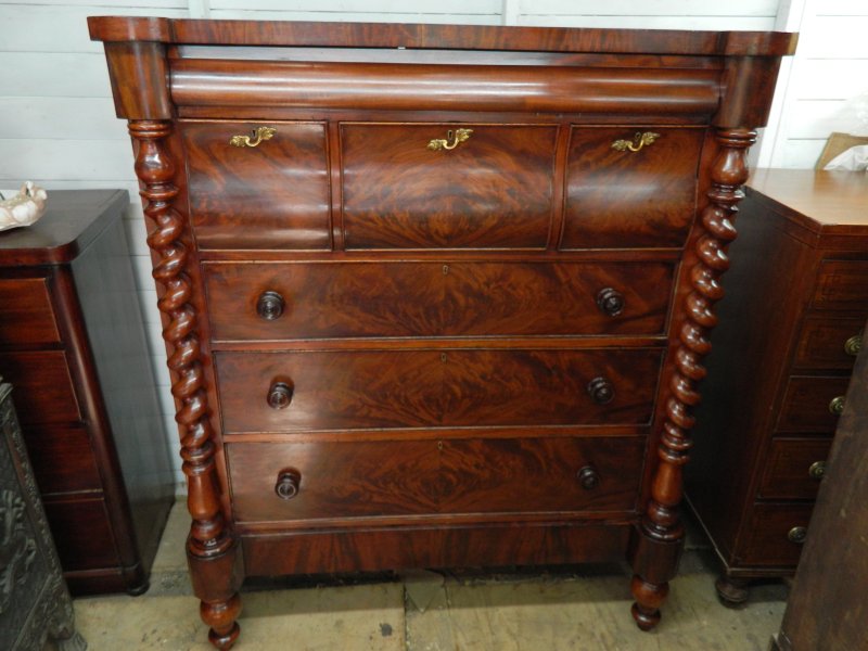 Victorian Scottish Flame Mahogany Chest of Drawers | 19th Century Scotch Chest with Barley Twist Columns | Antique Bedroom Dresser Tallboy