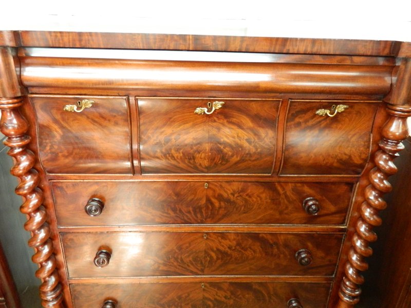 Victorian Scottish Flame Mahogany Chest of Drawers | 19th Century Scotch Chest with Barley Twist Columns | Antique Bedroom Dresser Tallboy - Image 2