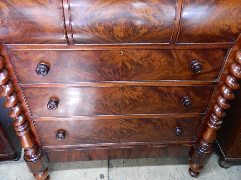 Victorian Scottish Flame Mahogany Chest of Drawers | 19th Century Scotch Chest with Barley Twist Columns | Antique Bedroom Dresser Tallboy - Image 3