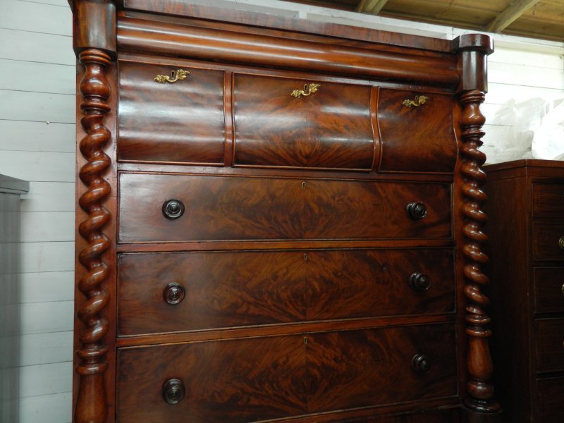 Victorian Scottish Flame Mahogany Chest of Drawers | 19th Century Scotch Chest with Barley Twist Columns | Antique Bedroom Dresser Tallboy - Image 20