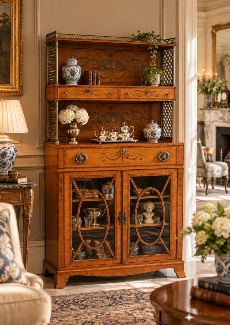 Rare Antique Georgian Sheraton Satinwood Marquetry Inlaid Display Cabinet - Image 3