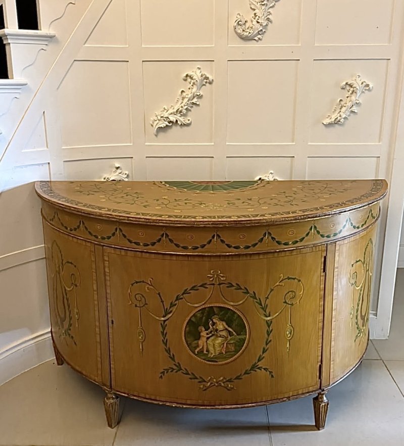 Rare Large Antique Georgian Sheraton Satinwood Hand Painted Cabinet Sideboard