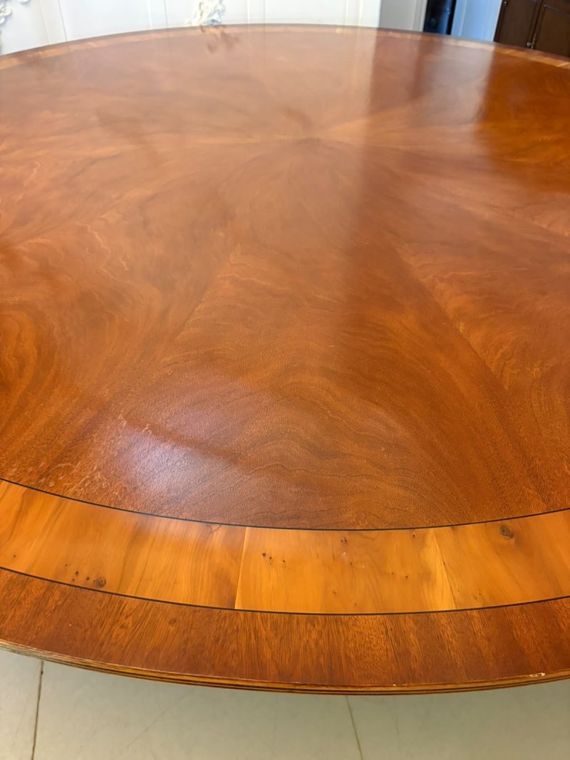 Monumental Antique Mahogany and Yew Wood Crossbanded 14 Seater Circular Centre Dining Table - Image 4