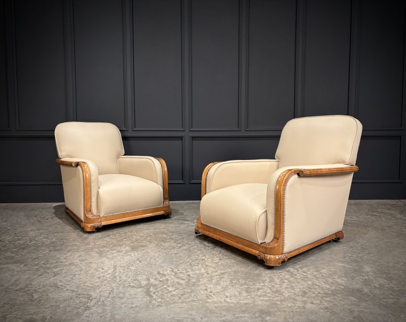 Pair Of Art Deco Walnut & Leather Armchairs
