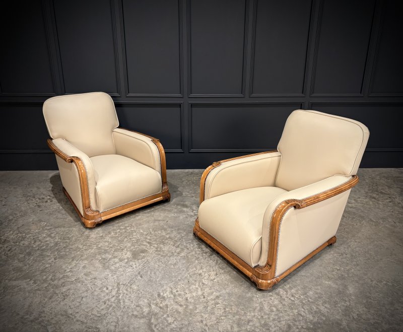 Pair Of Art Deco Walnut & Leather Armchairs - Image 11