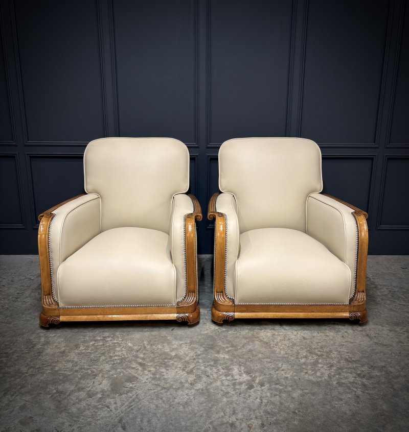 Pair Of Art Deco Walnut & Leather Armchairs - Image 13