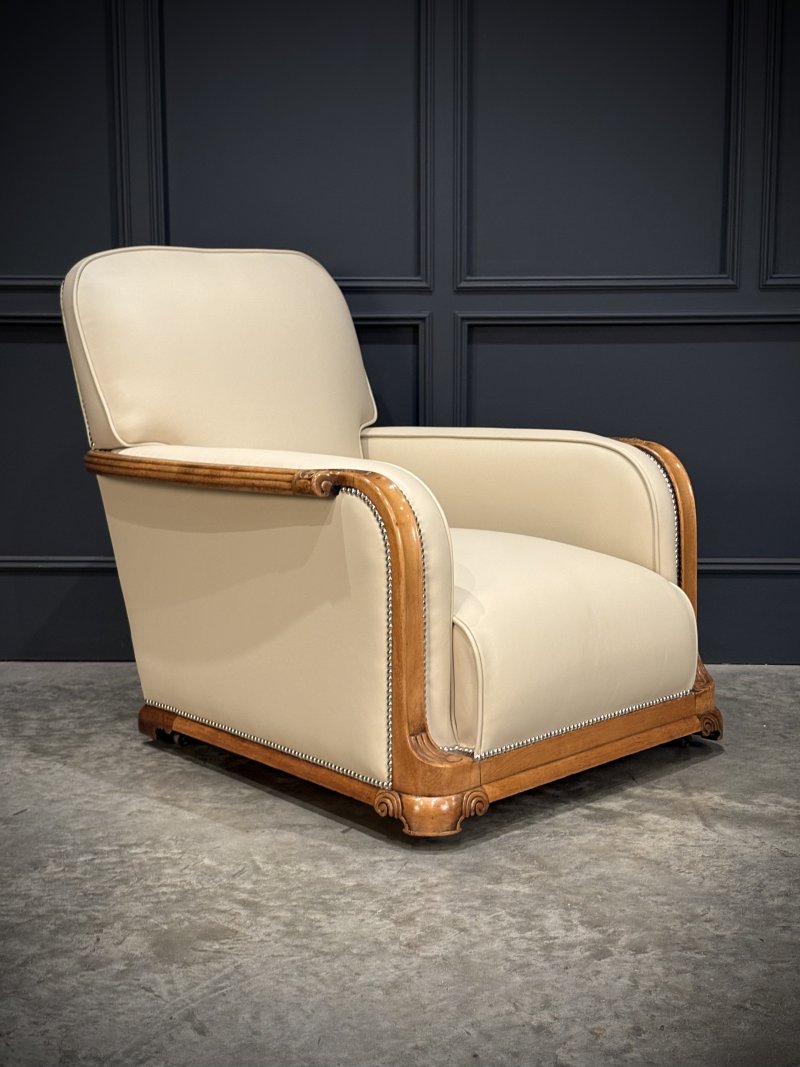 Pair Of Art Deco Walnut & Leather Armchairs - Image 2