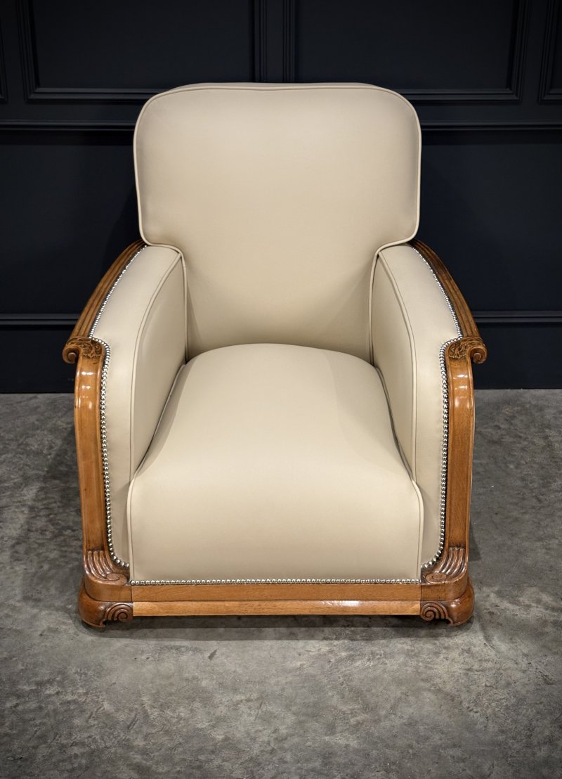 Pair Of Art Deco Walnut & Leather Armchairs - Image 4