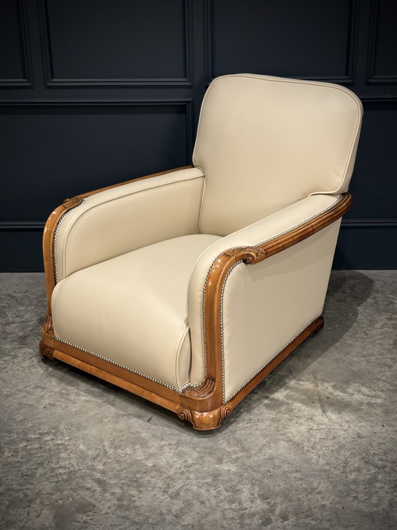Pair Of Art Deco Walnut & Leather Armchairs - Image 5