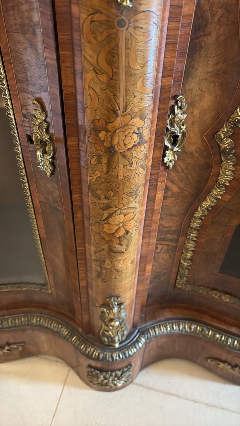 Antique Victorian Exhibition Quality Burr Walnut Marquetry Serpentine Credenza Cabinet Sideboard - Image 7