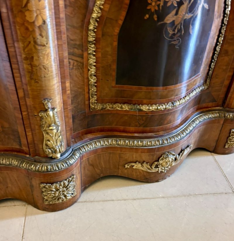 Antique Victorian Exhibition Quality Burr Walnut Marquetry Serpentine Credenza Cabinet Sideboard - Image 8