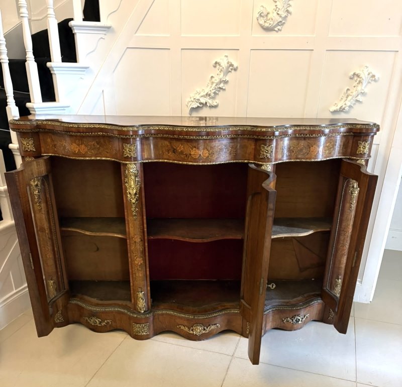 Antique Victorian Exhibition Quality Burr Walnut Marquetry Serpentine Credenza Cabinet Sideboard - Image 4