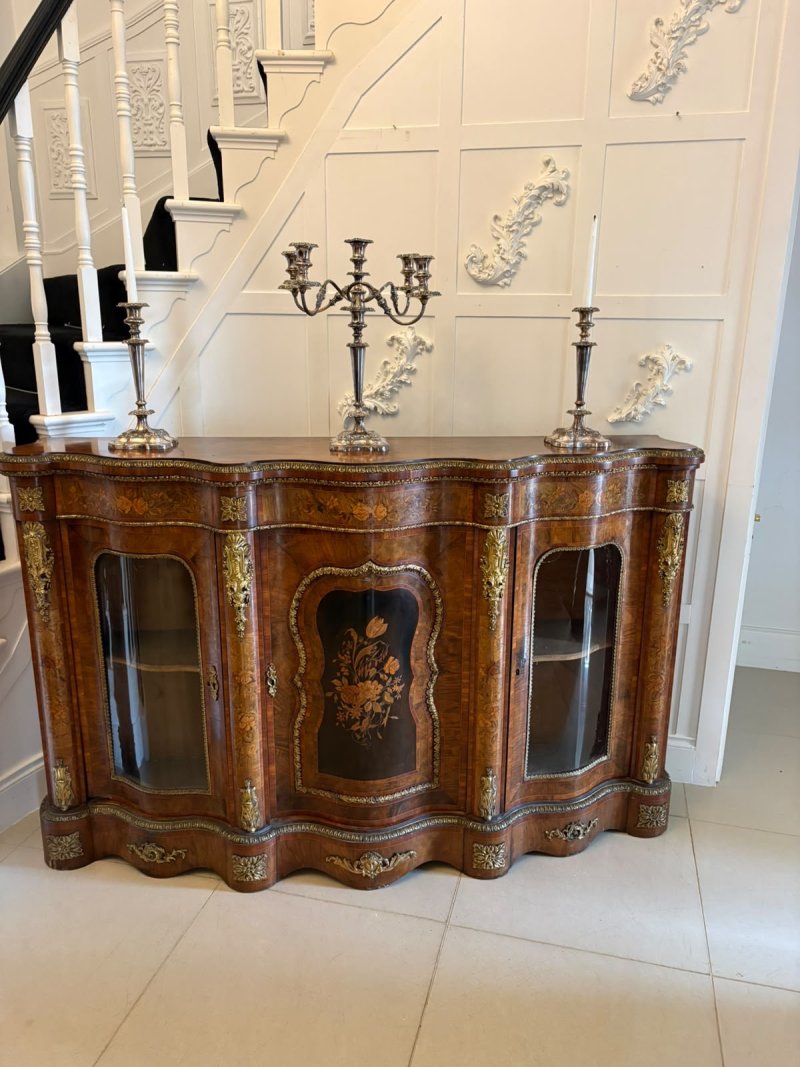 Antique Victorian Exhibition Quality Burr Walnut Marquetry Serpentine Credenza Cabinet Sideboard - Image 5