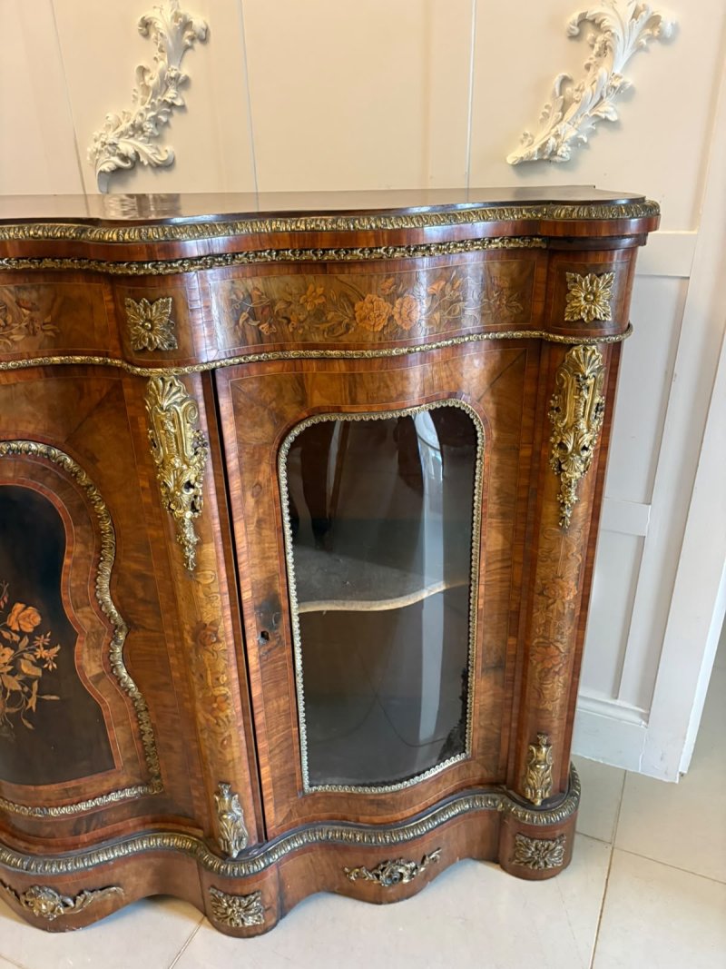 Antique Victorian Exhibition Quality Burr Walnut Marquetry Serpentine Credenza Cabinet Sideboard - Image 19