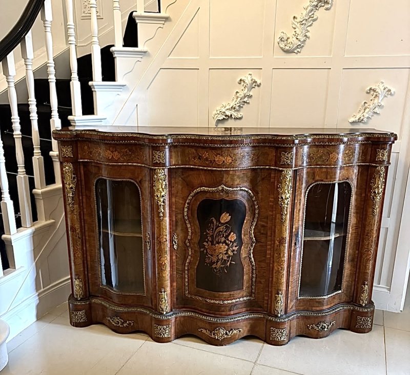 Antique Victorian Exhibition Quality Burr Walnut Marquetry Serpentine Credenza Cabinet Sideboard