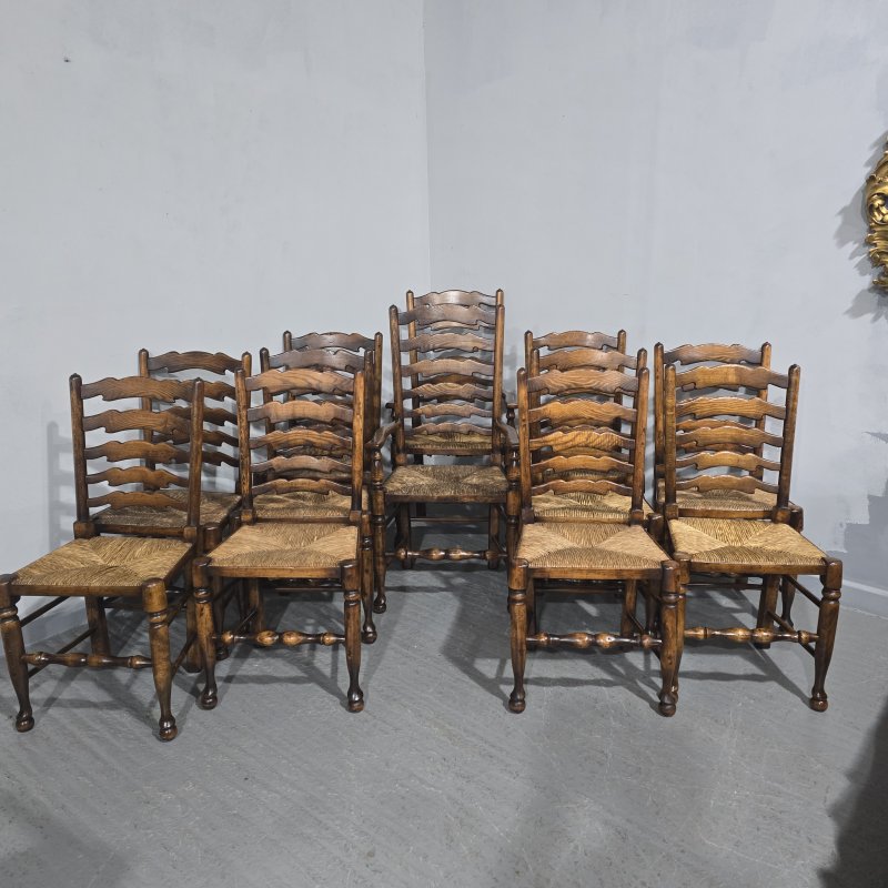 Super Set Twelve Lancashire Ladder Back Oak Dining Chairs - Image 2