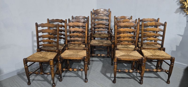 Super Set Twelve Lancashire Ladder Back Oak Dining Chairs - Image 11
