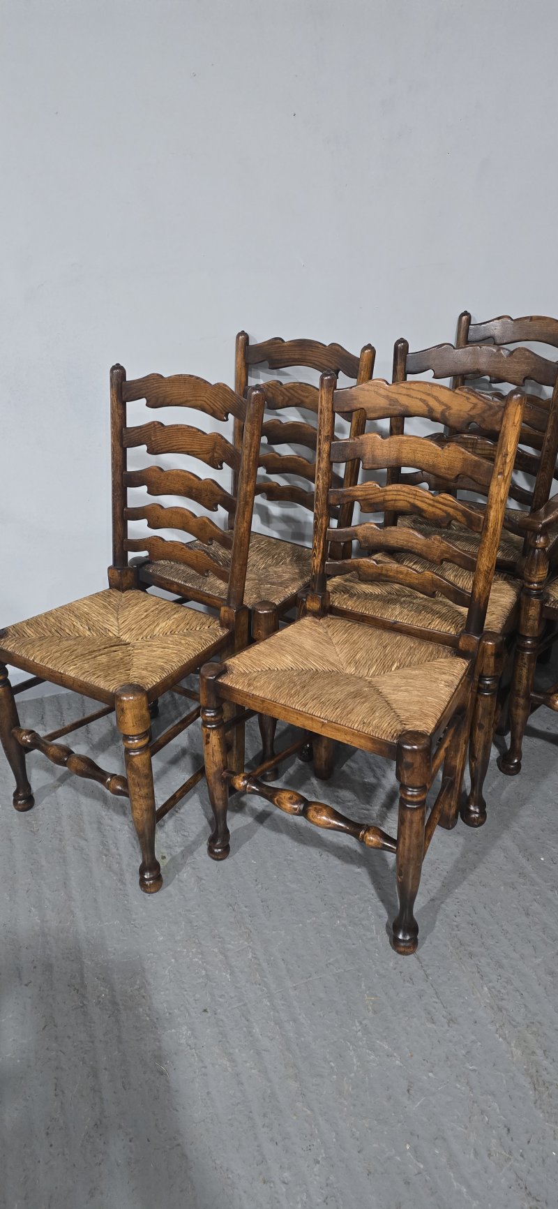 Super Set Twelve Lancashire Ladder Back Oak Dining Chairs - Image 7