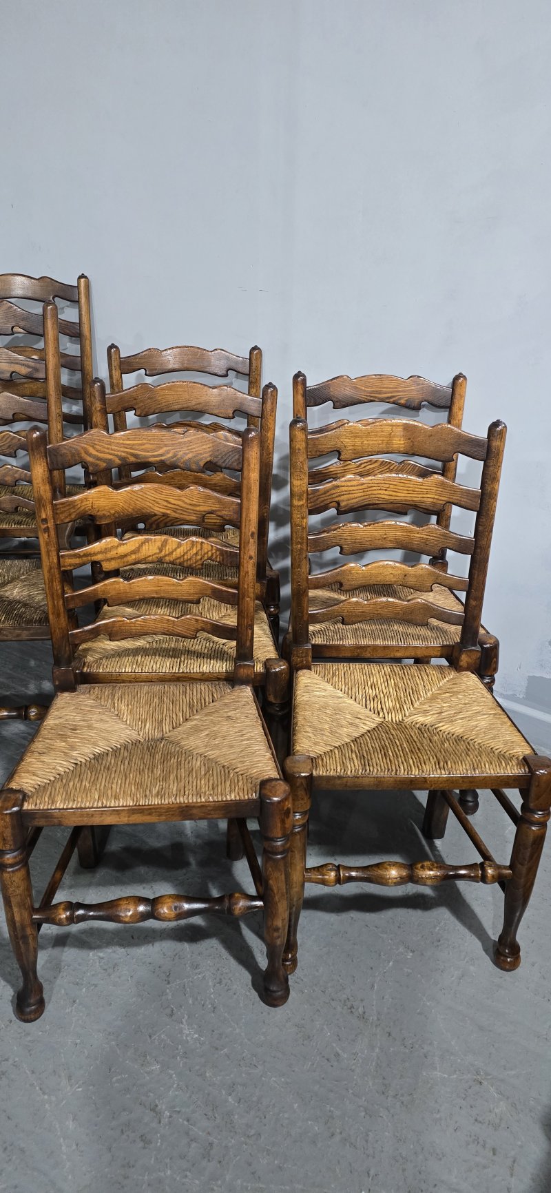 Super Set Twelve Lancashire Ladder Back Oak Dining Chairs - Image 10
