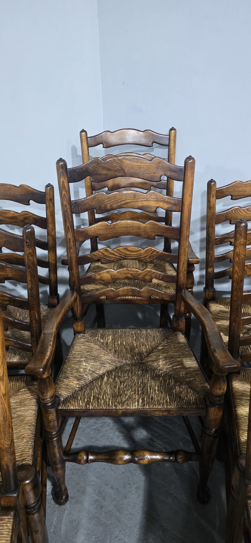 Super Set Twelve Lancashire Ladder Back Oak Dining Chairs - Image 8