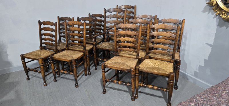 Super Set Twelve Lancashire Ladder Back Oak Dining Chairs - Image 12