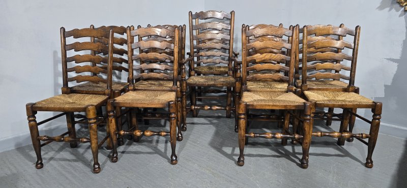 Super Set Twelve Lancashire Ladder Back Oak Dining Chairs - Image 14