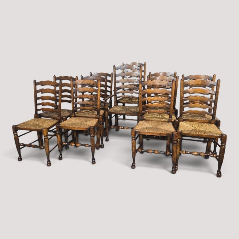 Super Set Twelve Lancashire Ladder Back Oak Dining Chairs