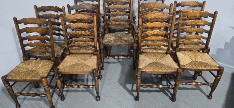 Super Set Twelve Lancashire Ladder Back Oak Dining Chairs - Image 15
