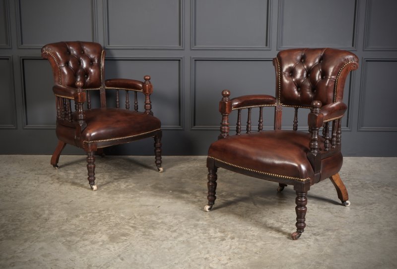Pair Of Victorian Mahogany &  Leather Desk Chairs