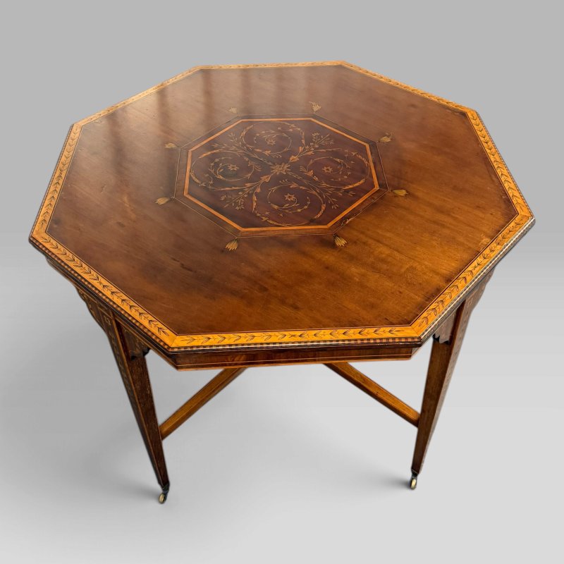 Antique Edwardian Mahogany & Satinwood Marquetry Octagonal Centre Table