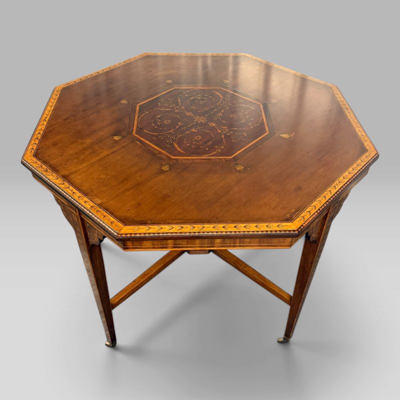 Antique Edwardian Mahogany & Satinwood Marquetry Octagonal Centre Table - Image 2