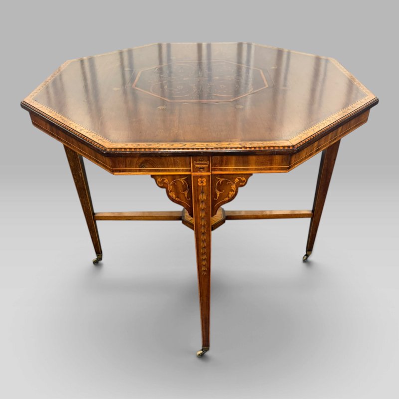 Antique Edwardian Mahogany & Satinwood Marquetry Octagonal Centre Table - Image 4