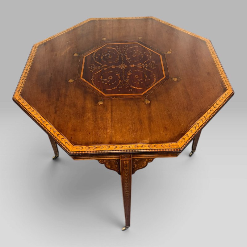 Antique Edwardian Mahogany & Satinwood Marquetry Octagonal Centre Table - Image 3