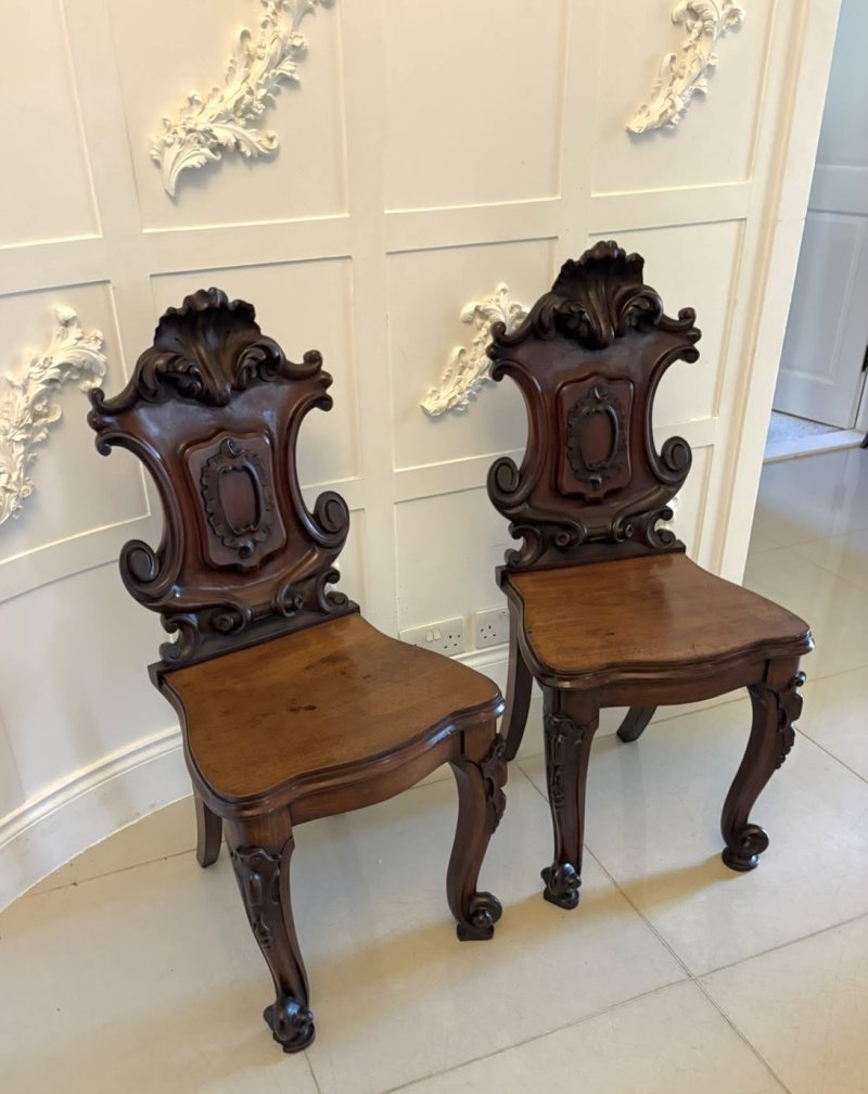 Antique Victorian Carved Mahogany Hall Chairs – Pair