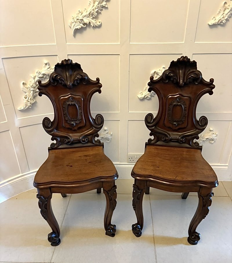Antique Victorian Carved Mahogany Hall Chairs – Pair - Image 4