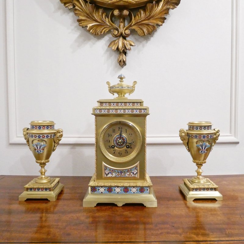 French Brass & Champleve Clock Set by Samuel Marti