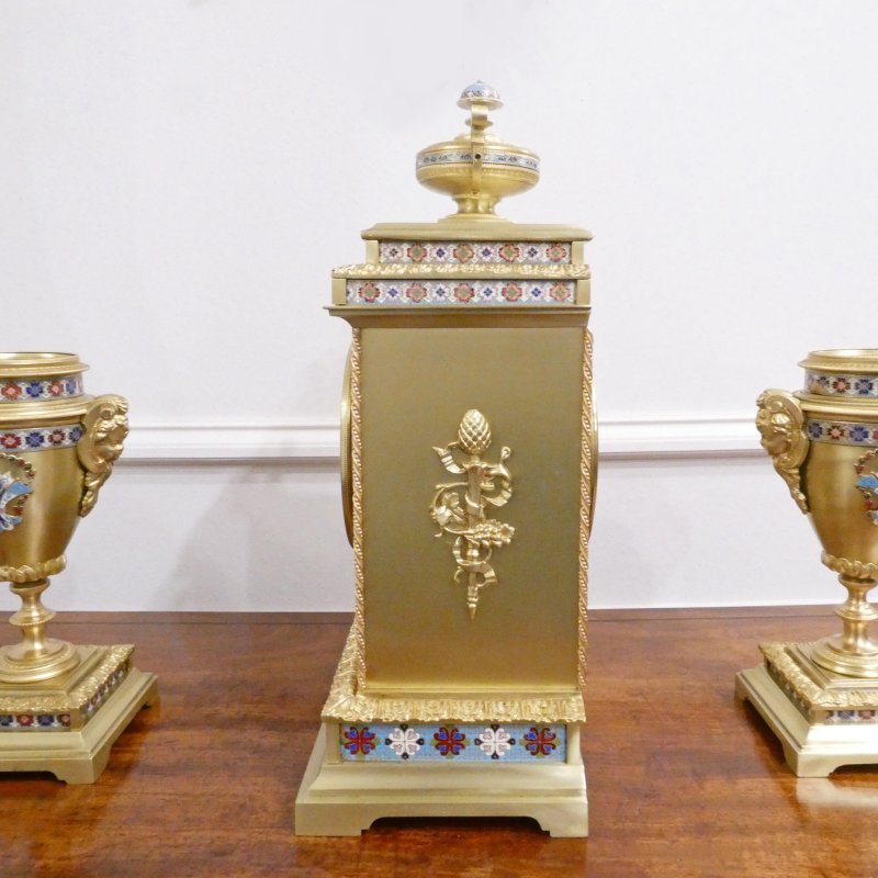French Brass & Champleve Clock Set by Samuel Marti - Image 11