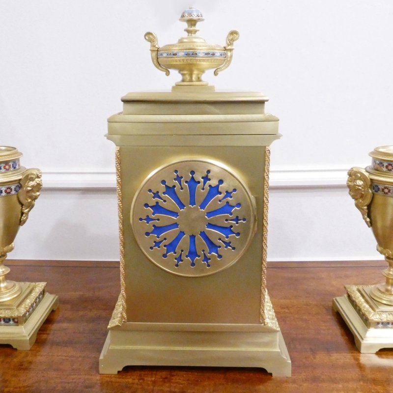 French Brass & Champleve Clock Set by Samuel Marti - Image 13