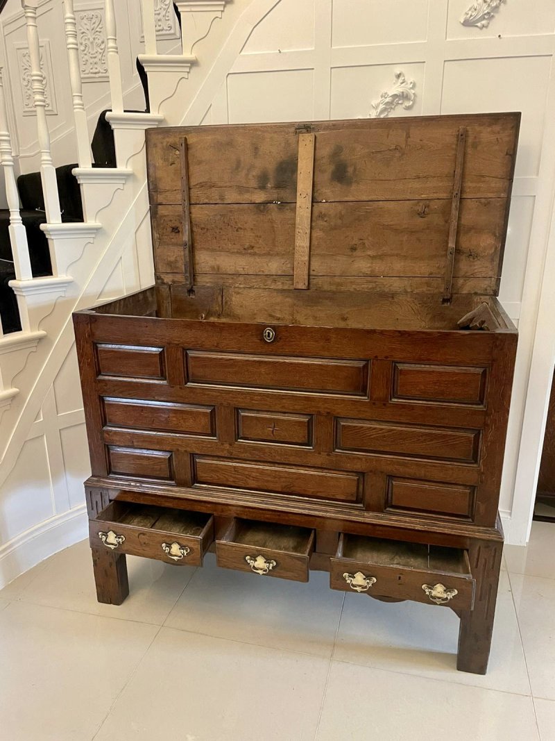 Large 18th Century Antique Quality Oak Coffer on Stand - Image 2