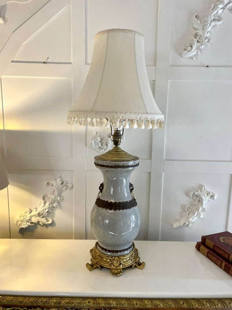Large Antique Victorian Quality China and Ormolu Table Lamp