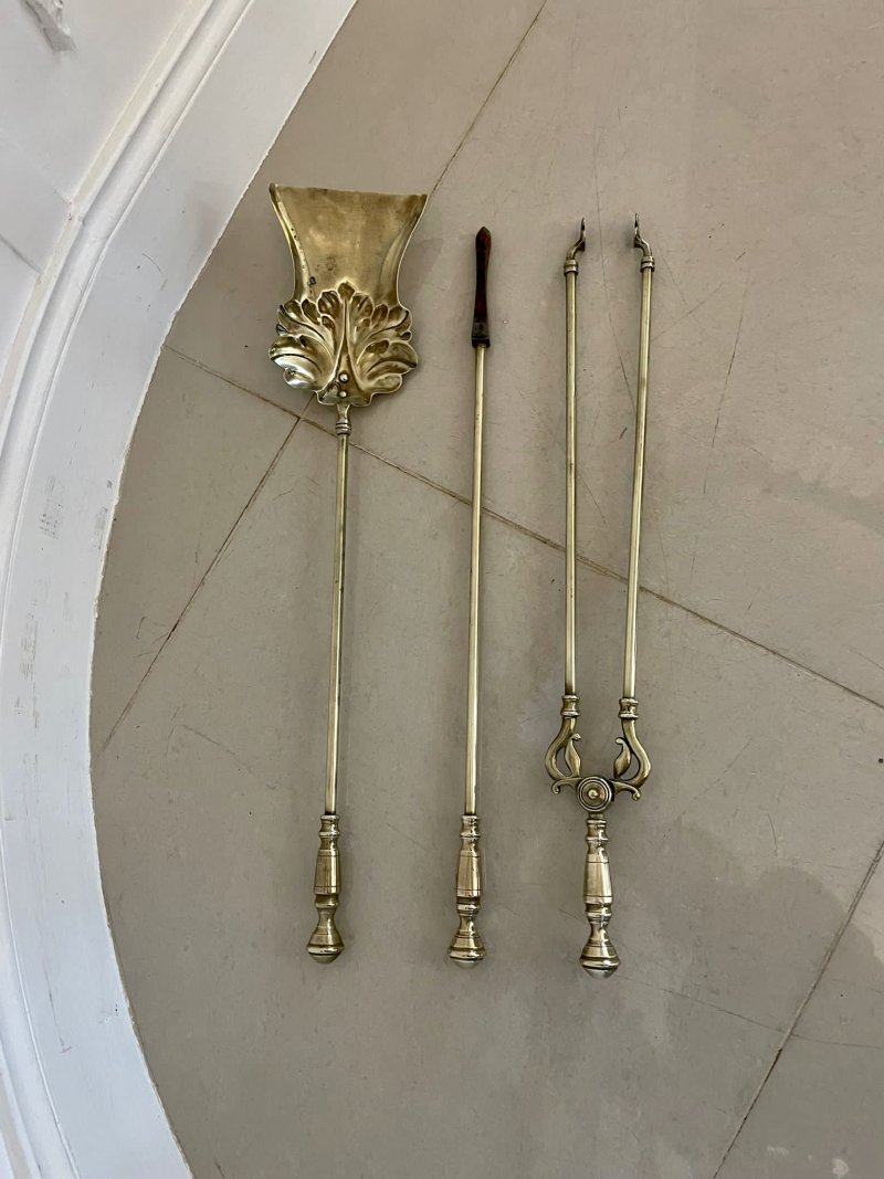 Antique Victorian Quality Brass Set of 3 Fire Irons