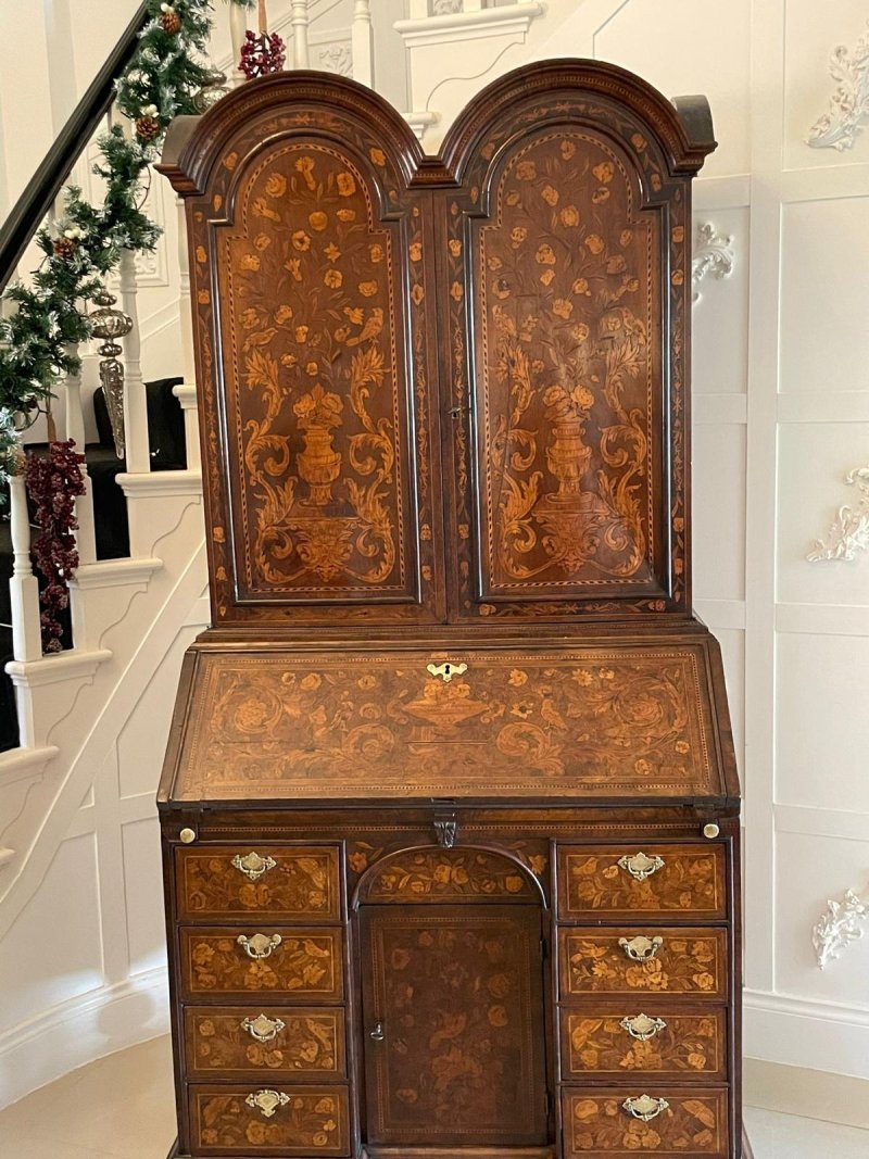 Antique William and Mary Outstanding Quality Burr Walnut Inlaid Marquetry Double Dome Bureau Bookcase - Image 3