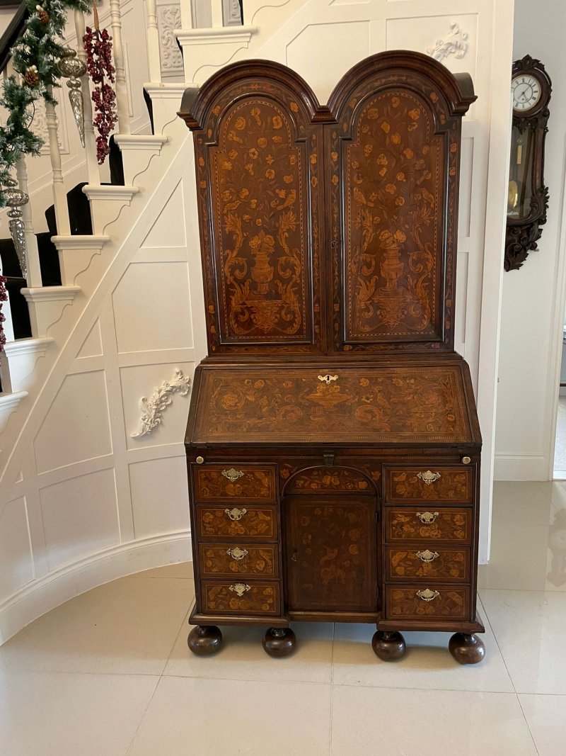 Antique William and Mary Outstanding Quality Burr Walnut Inlaid Marquetry Double Dome Bureau Bookcase