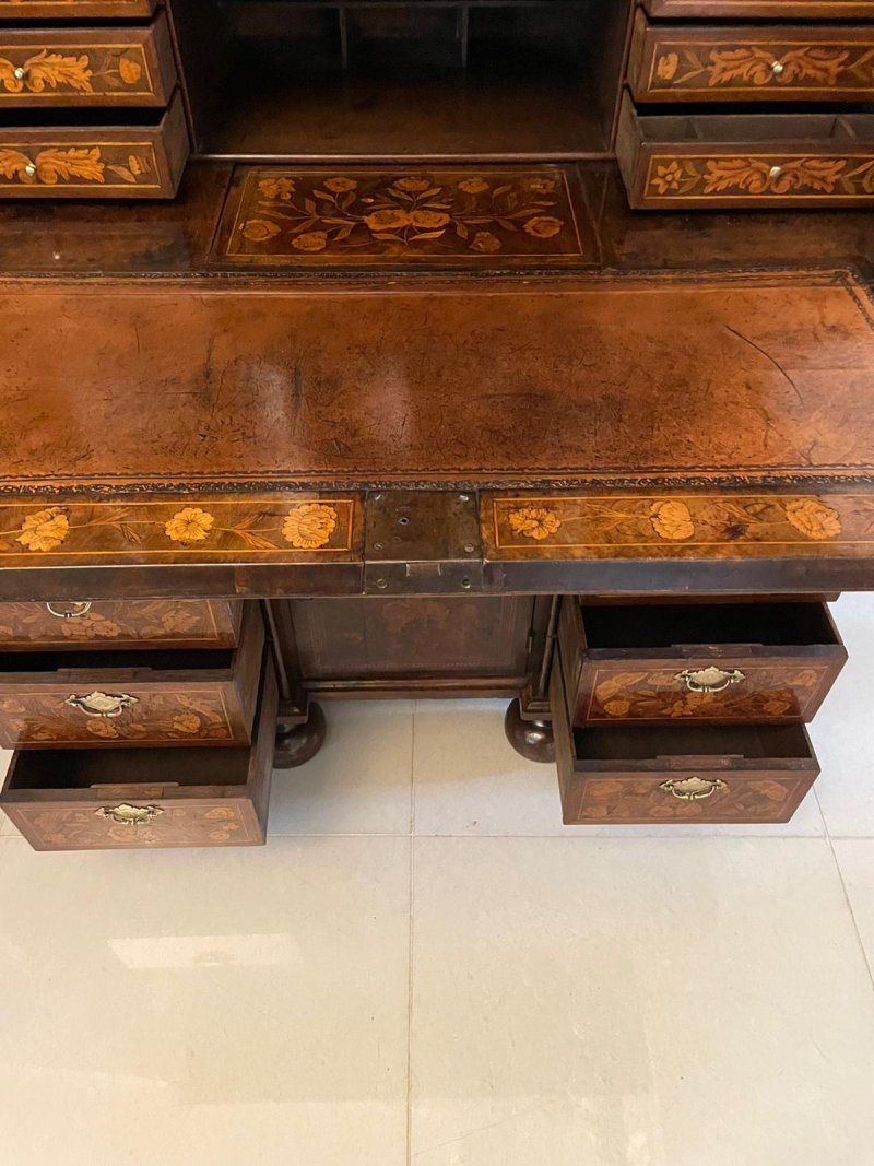 Antique William and Mary Outstanding Quality Burr Walnut Inlaid Marquetry Double Dome Bureau Bookcase - Image 13