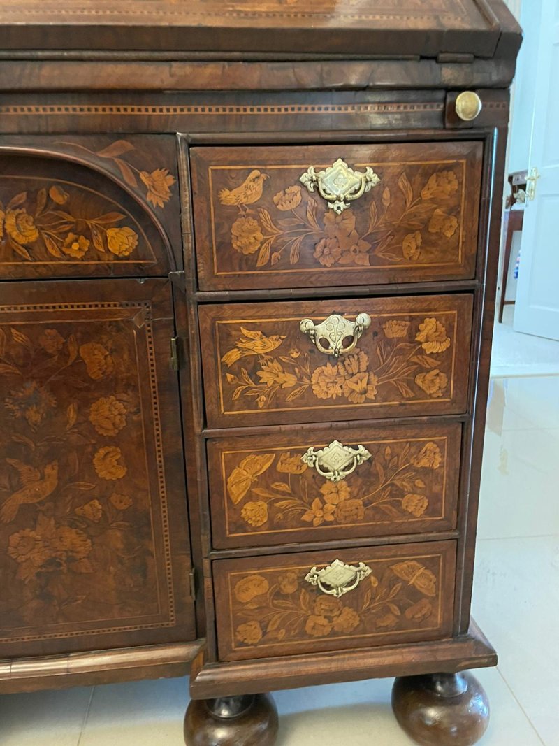 Antique William and Mary Outstanding Quality Burr Walnut Inlaid Marquetry Double Dome Bureau Bookcase - Image 16