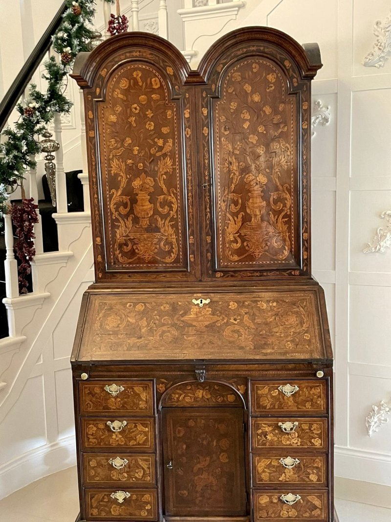 Antique William and Mary Outstanding Quality Burr Walnut Inlaid Marquetry Double Dome Bureau Bookcase - Image 2